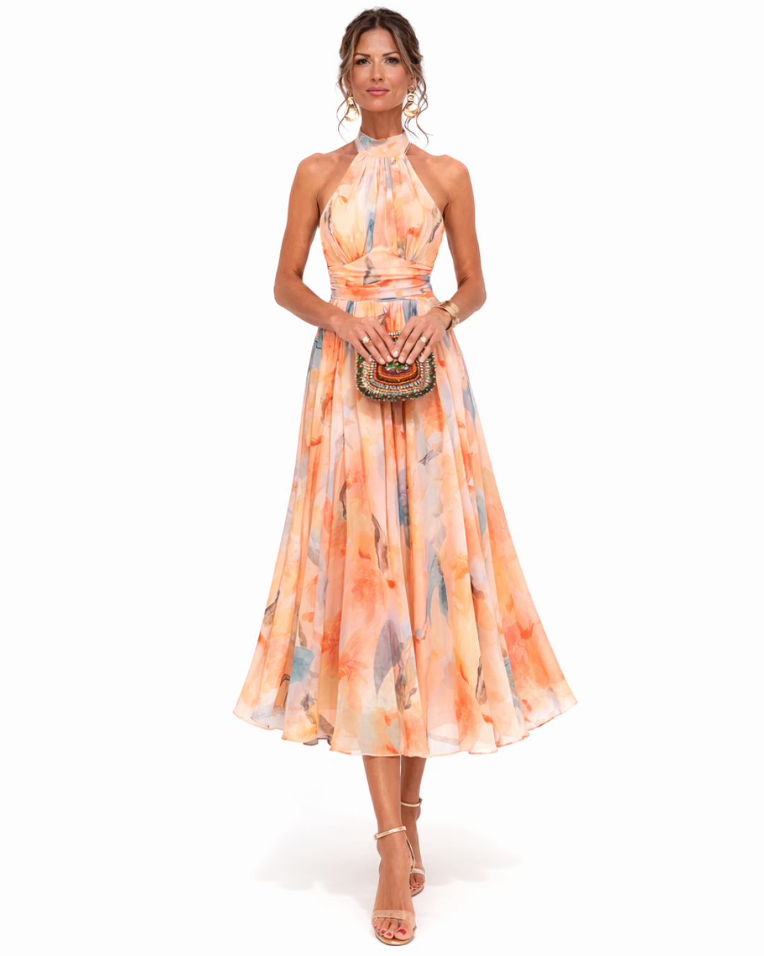 Ordo Maison™ Milano Abito Aurora con Collo Halter e Stampa Acquerello